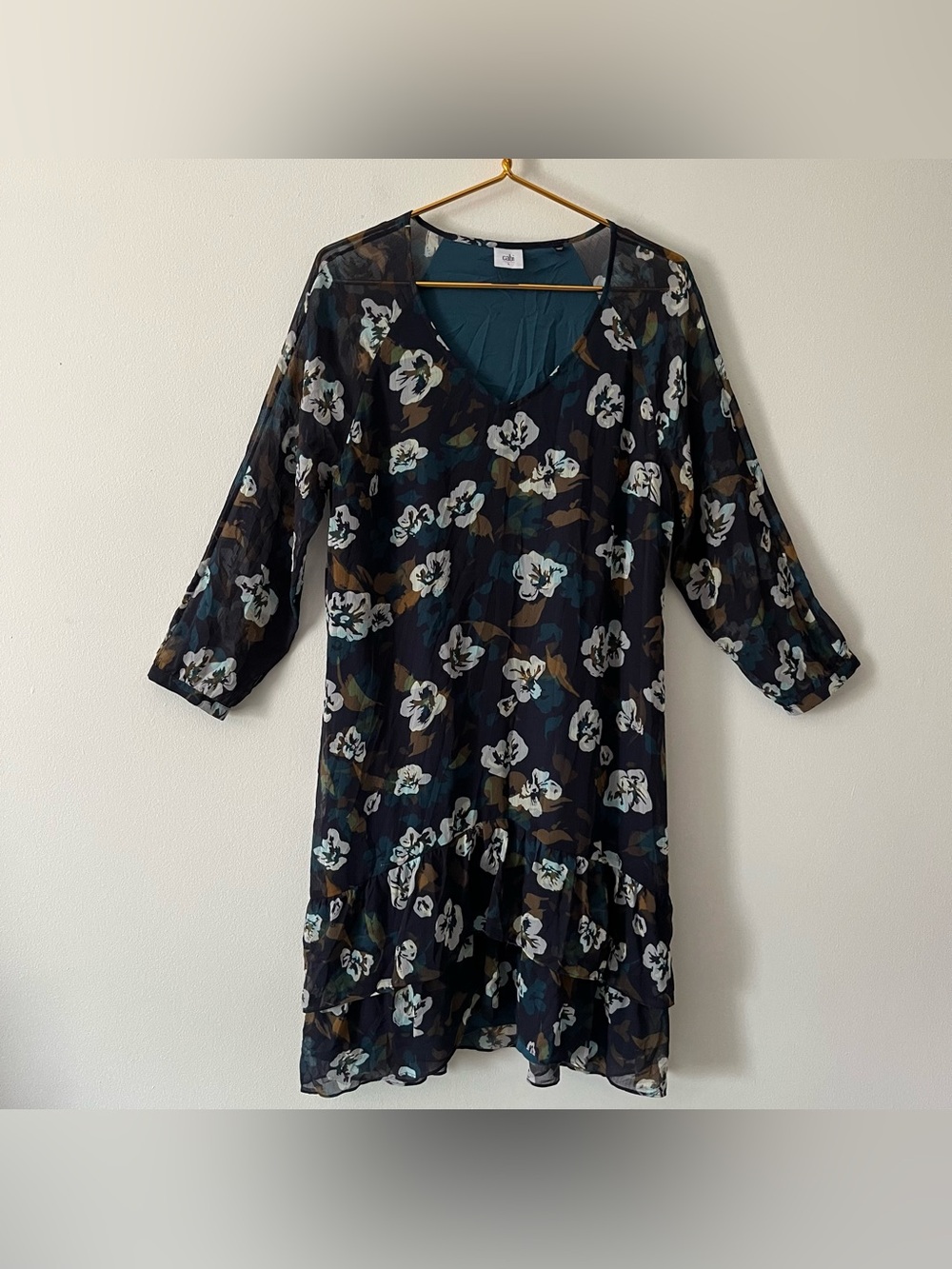 Cabi Pirouette Navy Floral Sheer Tiered Long Sleeve Cottagecore Midi Dress L